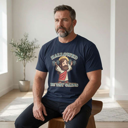 Bearded man seated in navy Hallowed Be Thy Gains t-shirt featuring cartoon Jesus lifting dumbbells, funny witty mens fitness graphic