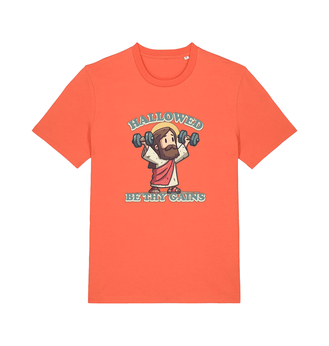 orange funny jesus t-shirt with the graphic of jesus lifting weights and the slogan 'hallowed be thy gains'
