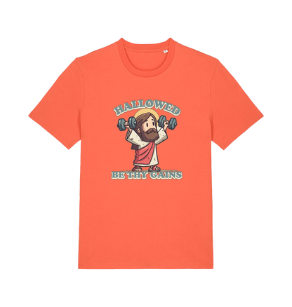 orange funny jesus t-shirt with the graphic of jesus lifting weights and the slogan 'hallowed be thy gains'