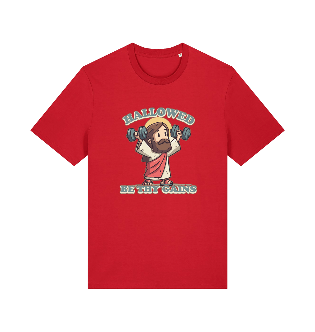 red funny jesus t-shirt with the graphic of jesus lifting weights and the slogan 'hallowed be thy gains'