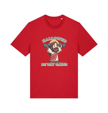 red funny jesus t-shirt with the graphic of jesus lifting weights and the slogan 'hallowed be thy gains'
