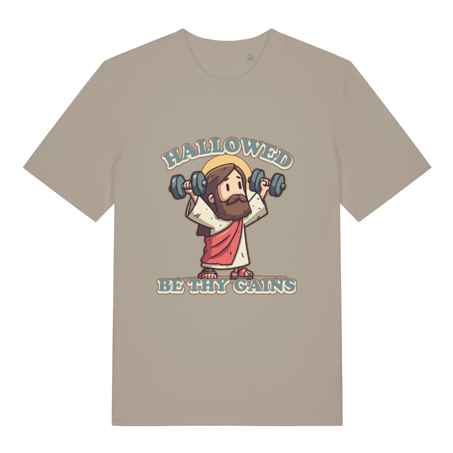 Stone Hallowed Be Thy Gains T-shirt flat lay displaying cartoon Jesus gym slogan design
