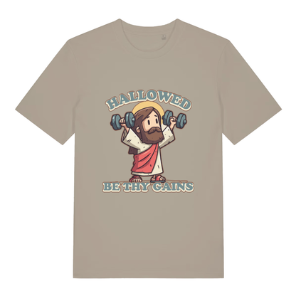 Stone Hallowed Be Thy Gains T-shirt flat lay displaying cartoon Jesus gym slogan design
