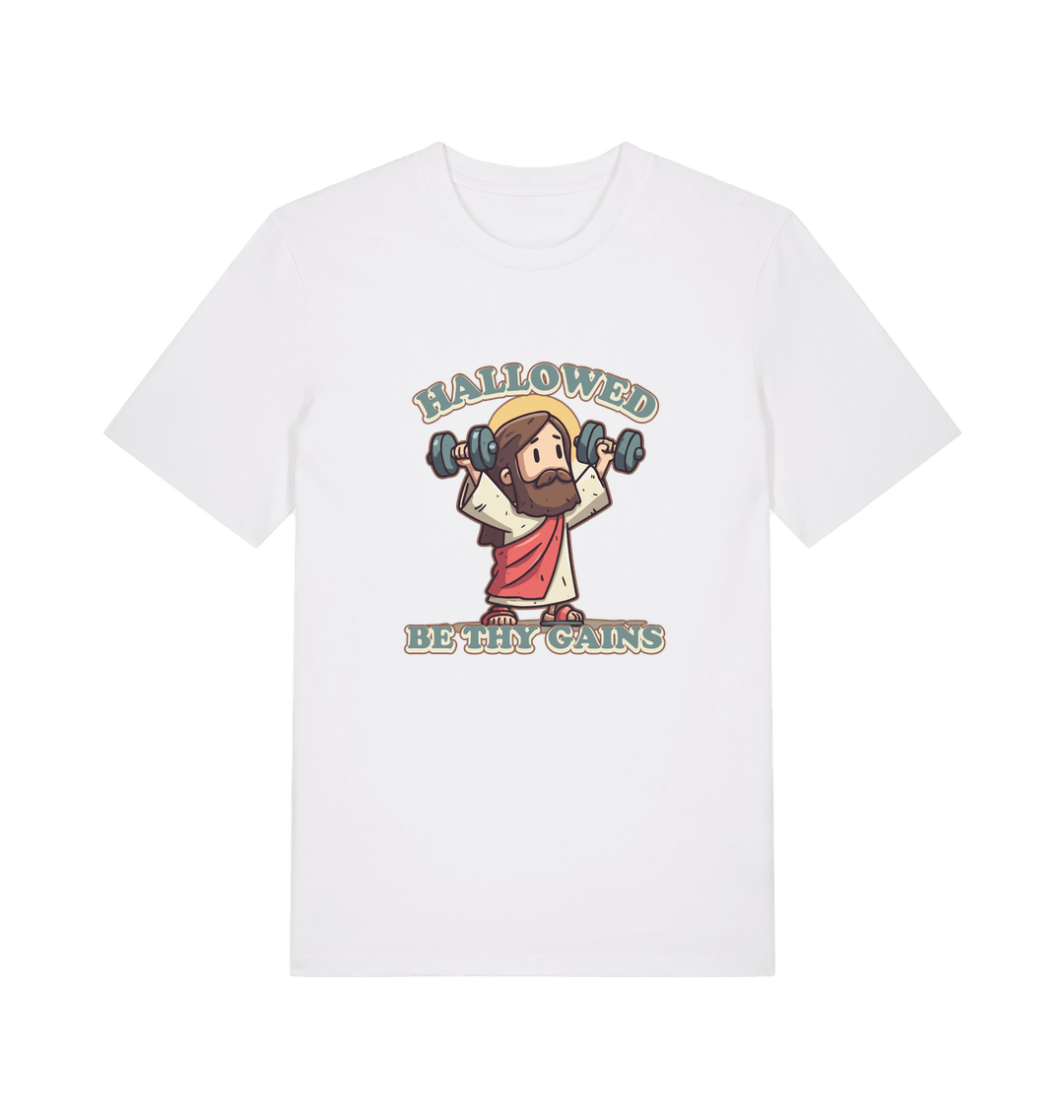 white funny jesus t-shirt with the graphic of jesus lifting weights and the slogan 'hallowed be thy gains'