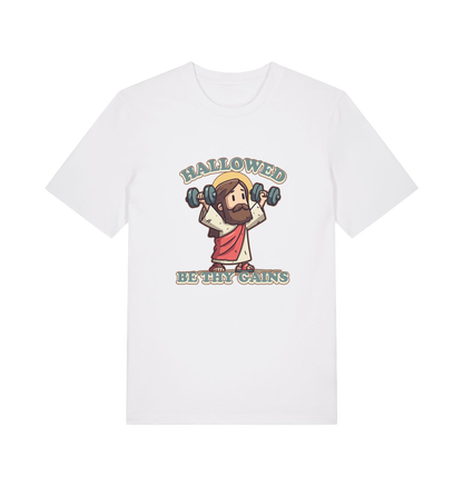white funny jesus t-shirt with the graphic of jesus lifting weights and the slogan 'hallowed be thy gains'