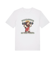 white funny jesus t-shirt with the graphic of jesus lifting weights and the slogan 'hallowed be thy gains'