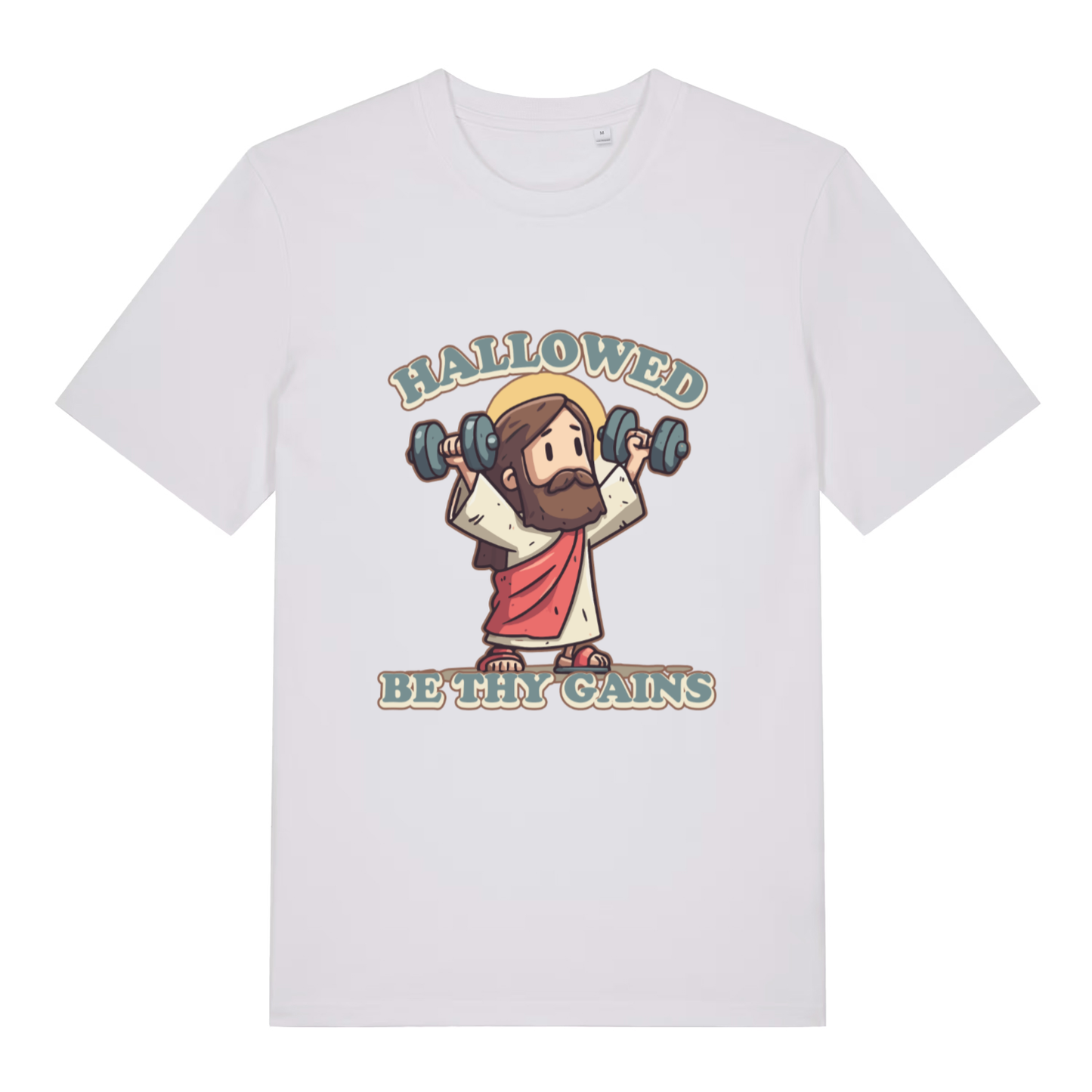 White Hallowed Be Thy Gains T-shirt flat lay with funny "hallowed be thy gains" Jesus graphic