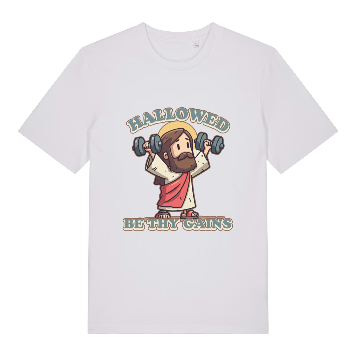 White Hallowed Be Thy Gains T-shirt flat lay with funny "hallowed be thy gains" Jesus graphic