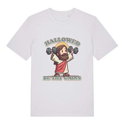 White Hallowed Be Thy Gains T-shirt flat lay with funny "hallowed be thy gains" Jesus graphic