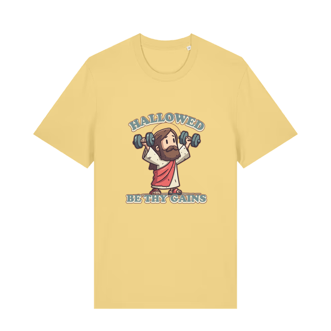 yellow funny jesus t-shirt with the graphic of jesus lifting weights and the slogan 'hallowed be thy gains'