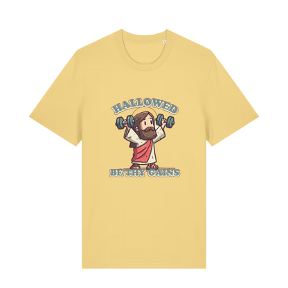 yellow funny jesus t-shirt with the graphic of jesus lifting weights and the slogan 'hallowed be thy gains'