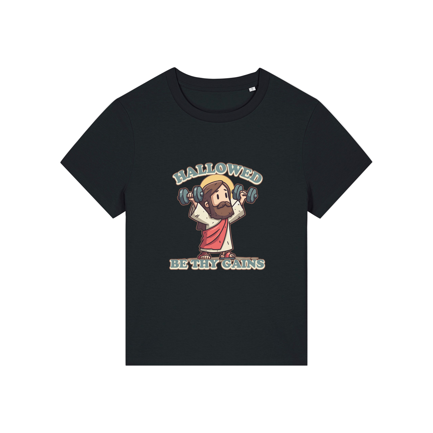 black funny jesus t-shirt with the graphic of jesus lifting weights and the slogan 'hallowed be thy gains'