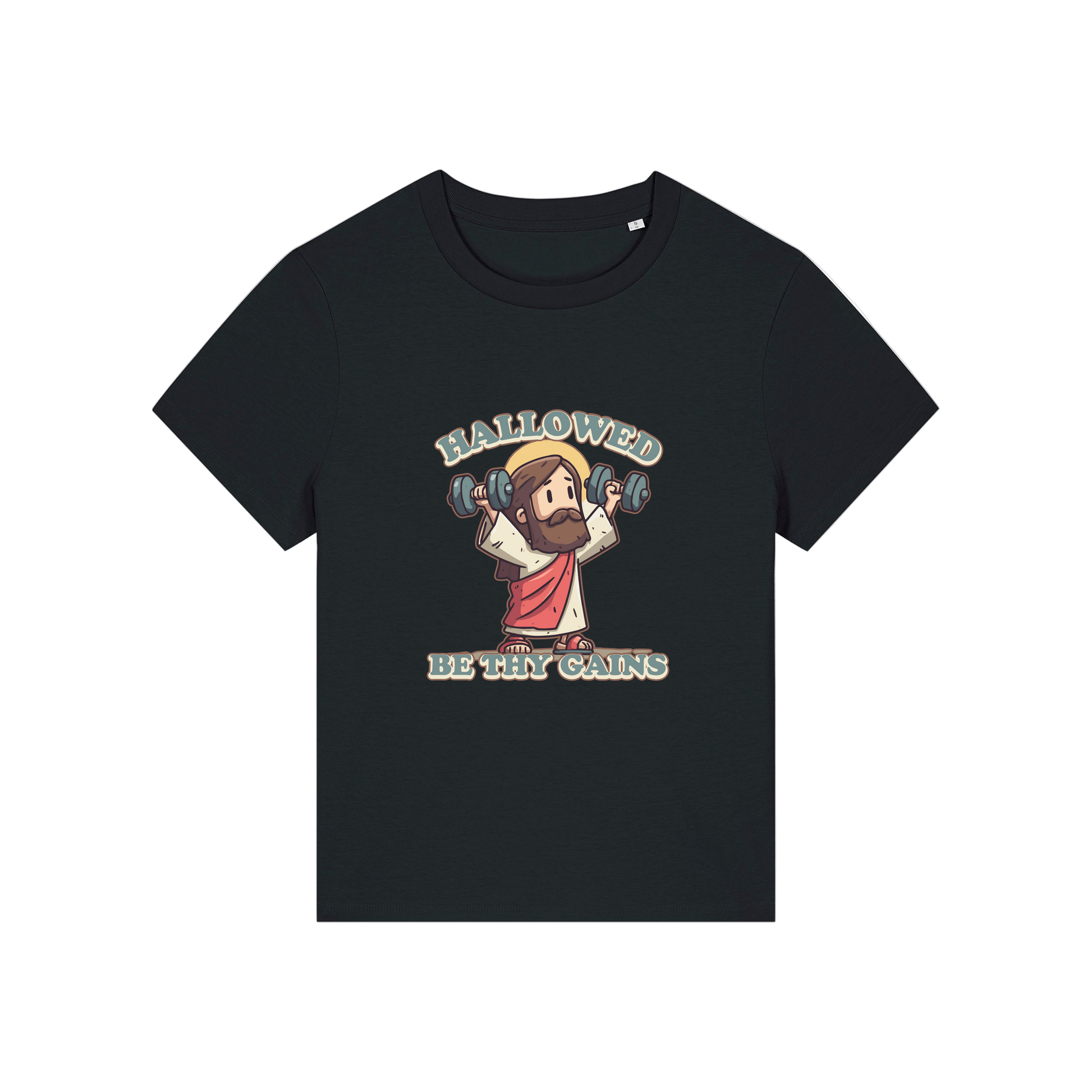 black funny jesus t-shirt with the graphic of jesus lifting weights and the slogan 'hallowed be thy gains'