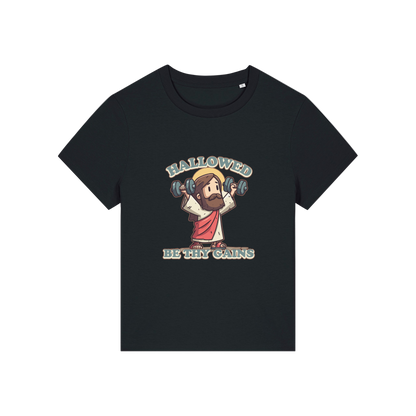 black funny jesus t-shirt with the graphic of jesus lifting weights and the slogan 'hallowed be thy gains'