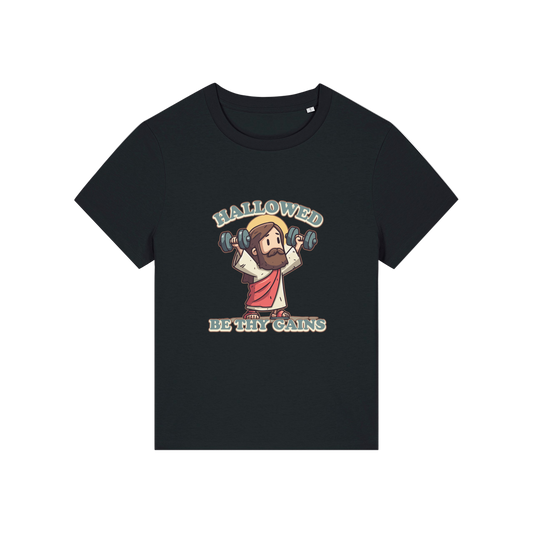 black funny jesus t-shirt with the graphic of jesus lifting weights and the slogan 'hallowed be thy gains'