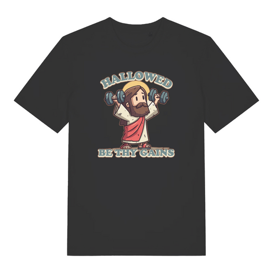 black women's funny graphic t-shirt with a cartoon jesus lifting weights and the slogan 'hallowed be thy gains'