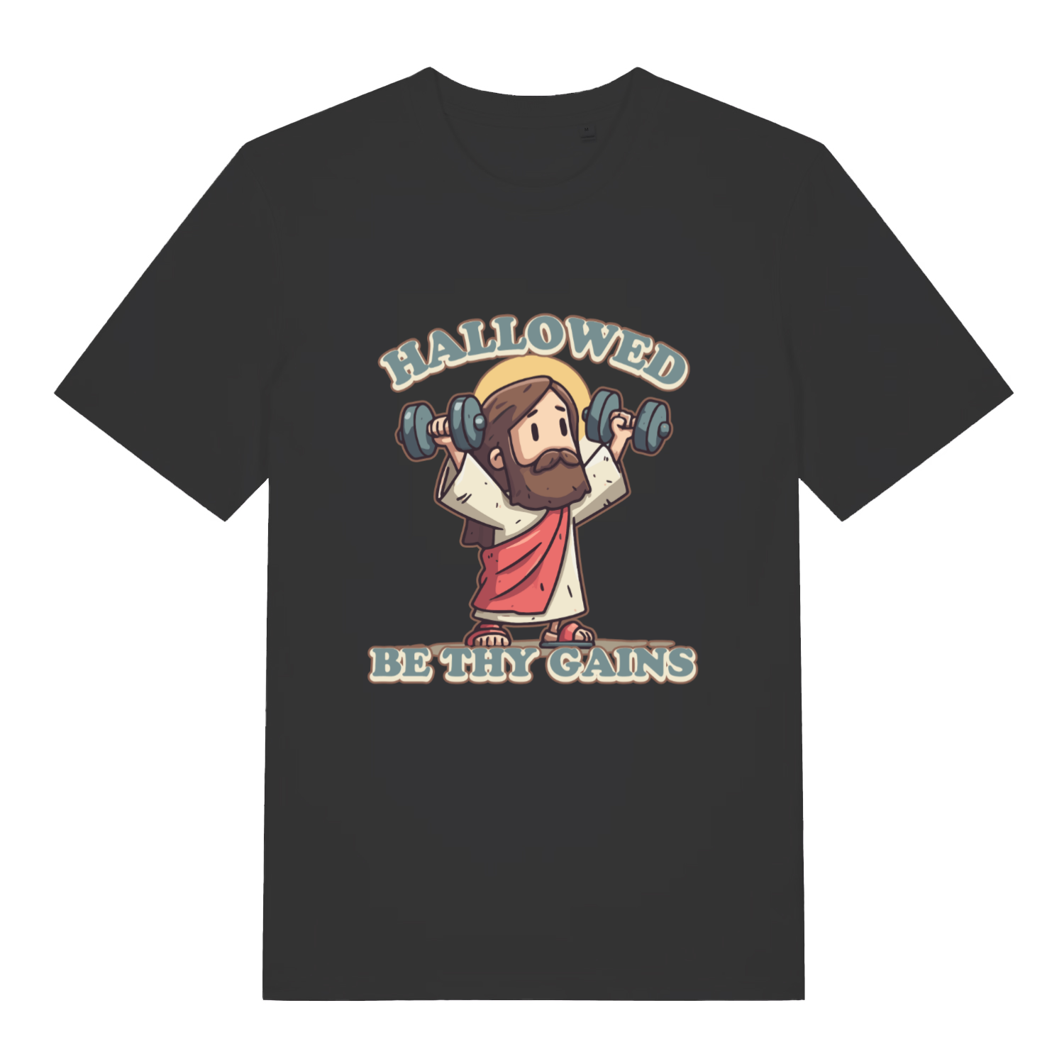 Black women's Hallowed Be Thy Gains T-shirt flat lay with cartoon Jesus lifting dumbbells gym graphic
