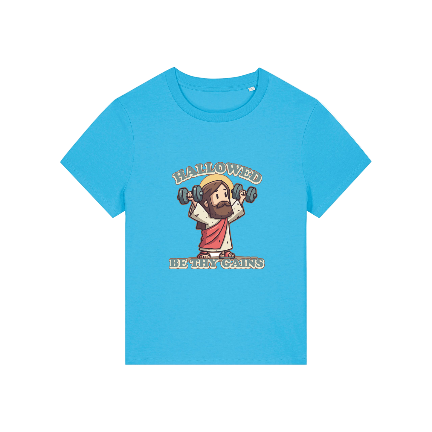 blue funny jesus t-shirt with the graphic of jesus lifting weights and the slogan 'hallowed be thy gains'