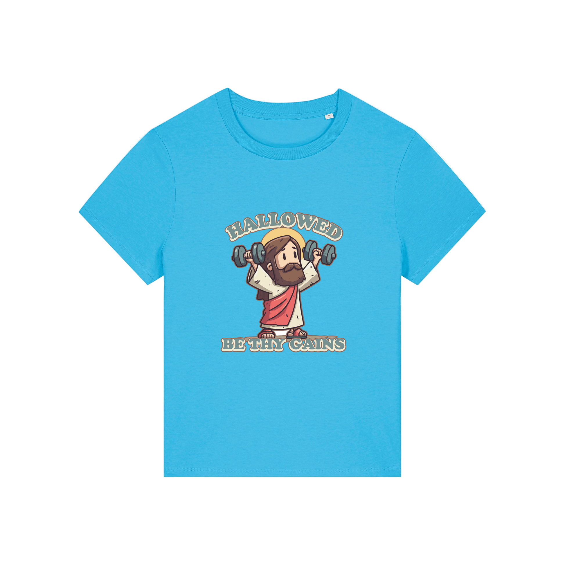blue funny jesus t-shirt with the graphic of jesus lifting weights and the slogan 'hallowed be thy gains'