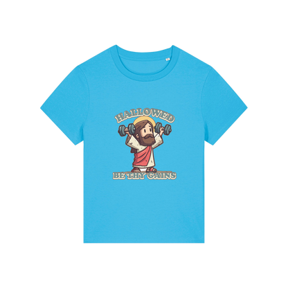 blue funny jesus t-shirt with the graphic of jesus lifting weights and the slogan 'hallowed be thy gains'