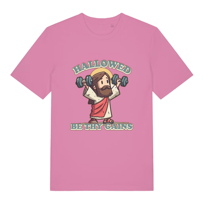 Bubble Pink women's Hallowed Be Thy Gains T-shirt flat lay featuring funny religious fitness pun design