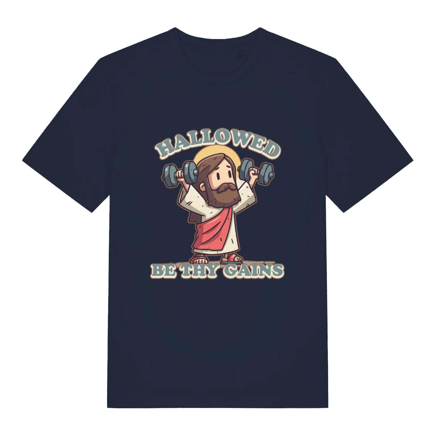 French Navy women's Hallowed Be Thy Gains T-shirt flat lay showing Jesus "hallowed be thy gains" graphic