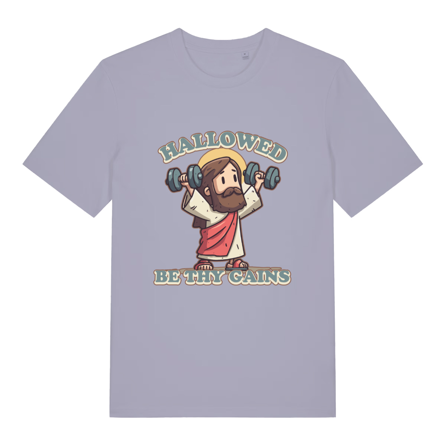 Lavender women's Hallowed Be Thy Gains T-shirt flat lay with humorous weightlifting Jesus illustration