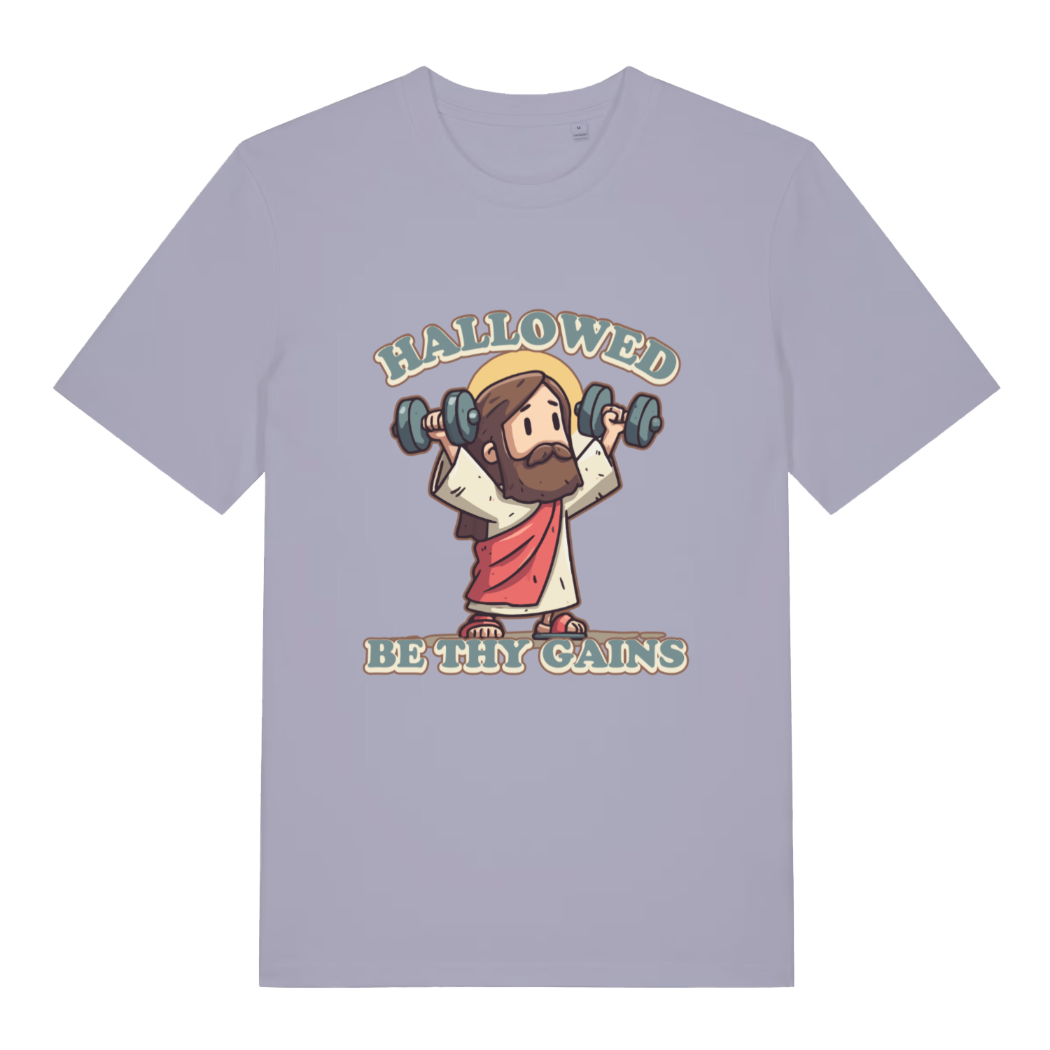 Lavender women's Hallowed Be Thy Gains T-shirt flat lay with humorous weightlifting Jesus illustration