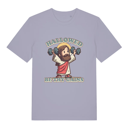 Lavender women's Hallowed Be Thy Gains T-shirt flat lay with humorous weightlifting Jesus illustration