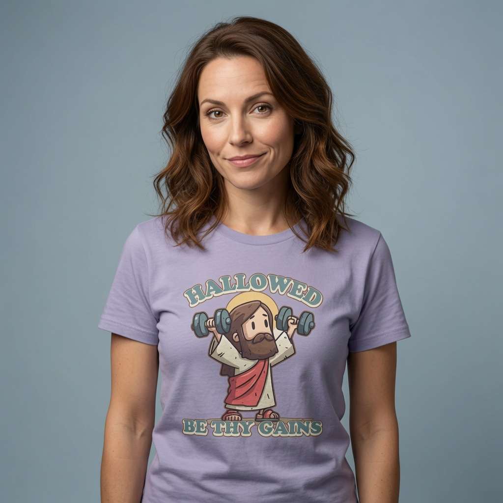 Woman with slight smile in lavender Hallowed Be Thy Gains tee, funny rude fitness graphic