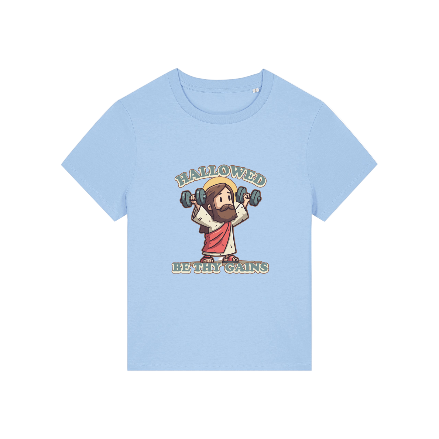 light blue funny jesus t-shirt with the graphic of jesus lifting weights and the slogan 'hallowed be thy gains'
