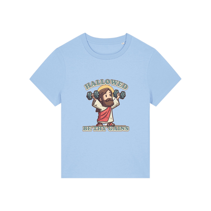 light blue funny jesus t-shirt with the graphic of jesus lifting weights and the slogan 'hallowed be thy gains'