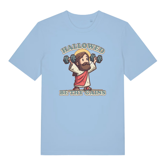 light blue women's funny graphic t-shirt with a cartoon jesus lifting weights and the slogan 'hallowed be thy gains'
