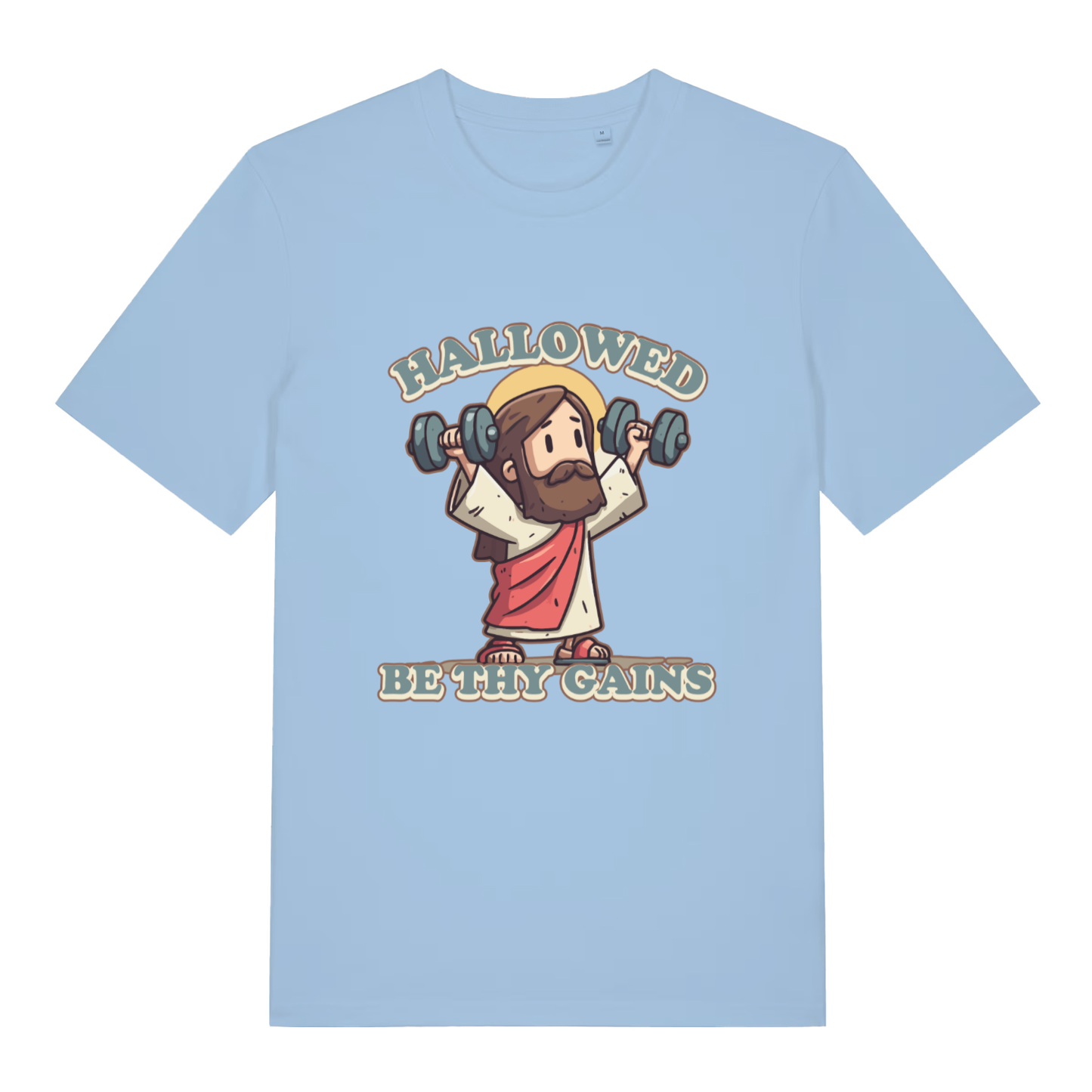 Light Blue women's Hallowed Be Thy Gains T-shirt flat lay displaying cartoon Jesus gym slogan design