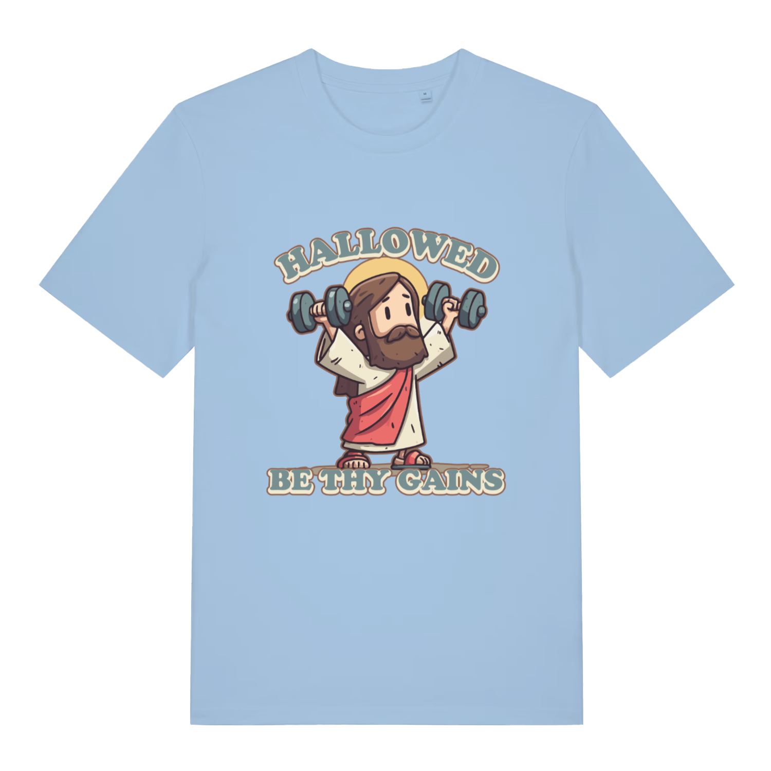 Light Blue women's Hallowed Be Thy Gains T-shirt flat lay displaying cartoon Jesus gym slogan design