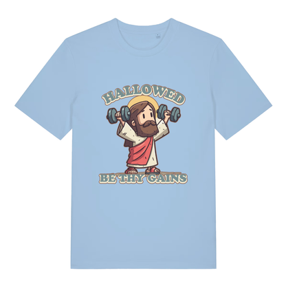 Light Blue women's Hallowed Be Thy Gains T-shirt flat lay displaying cartoon Jesus gym slogan design