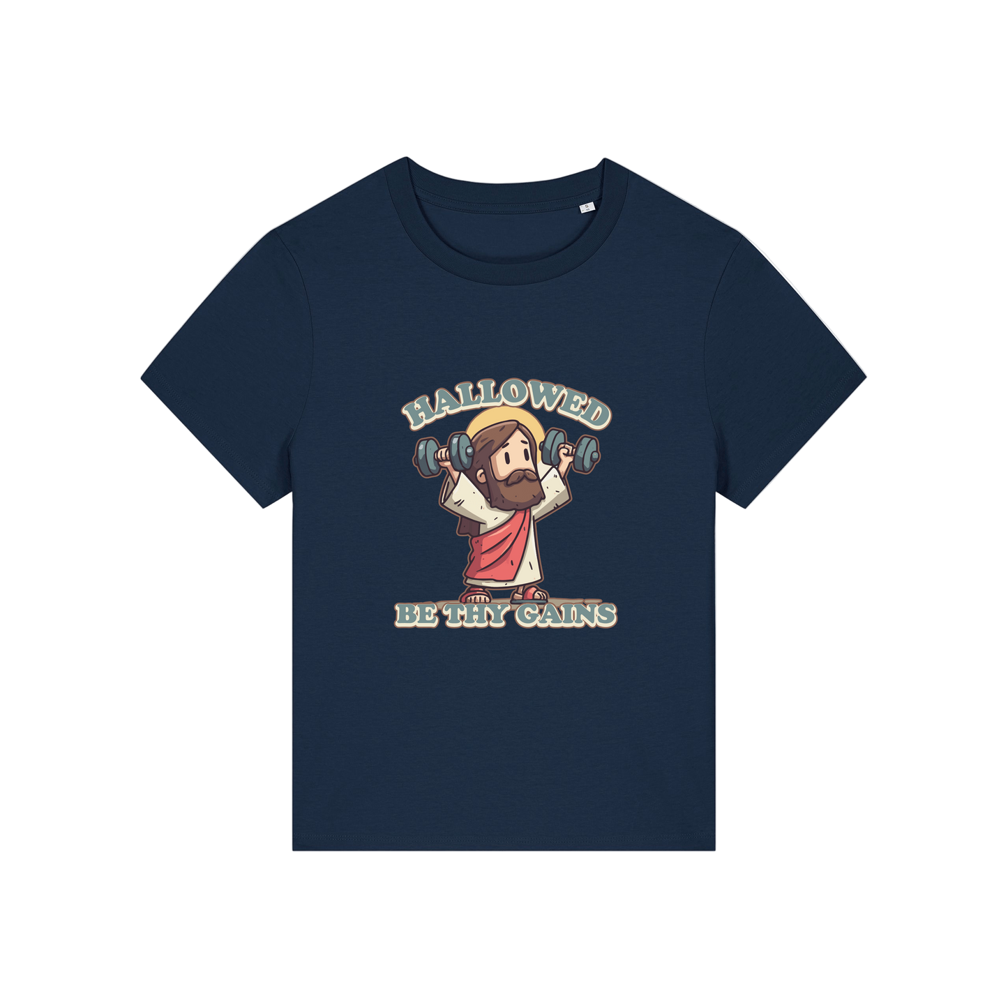 navy funny jesus t-shirt with the graphic of jesus lifting weights and the slogan 'hallowed be thy gains'