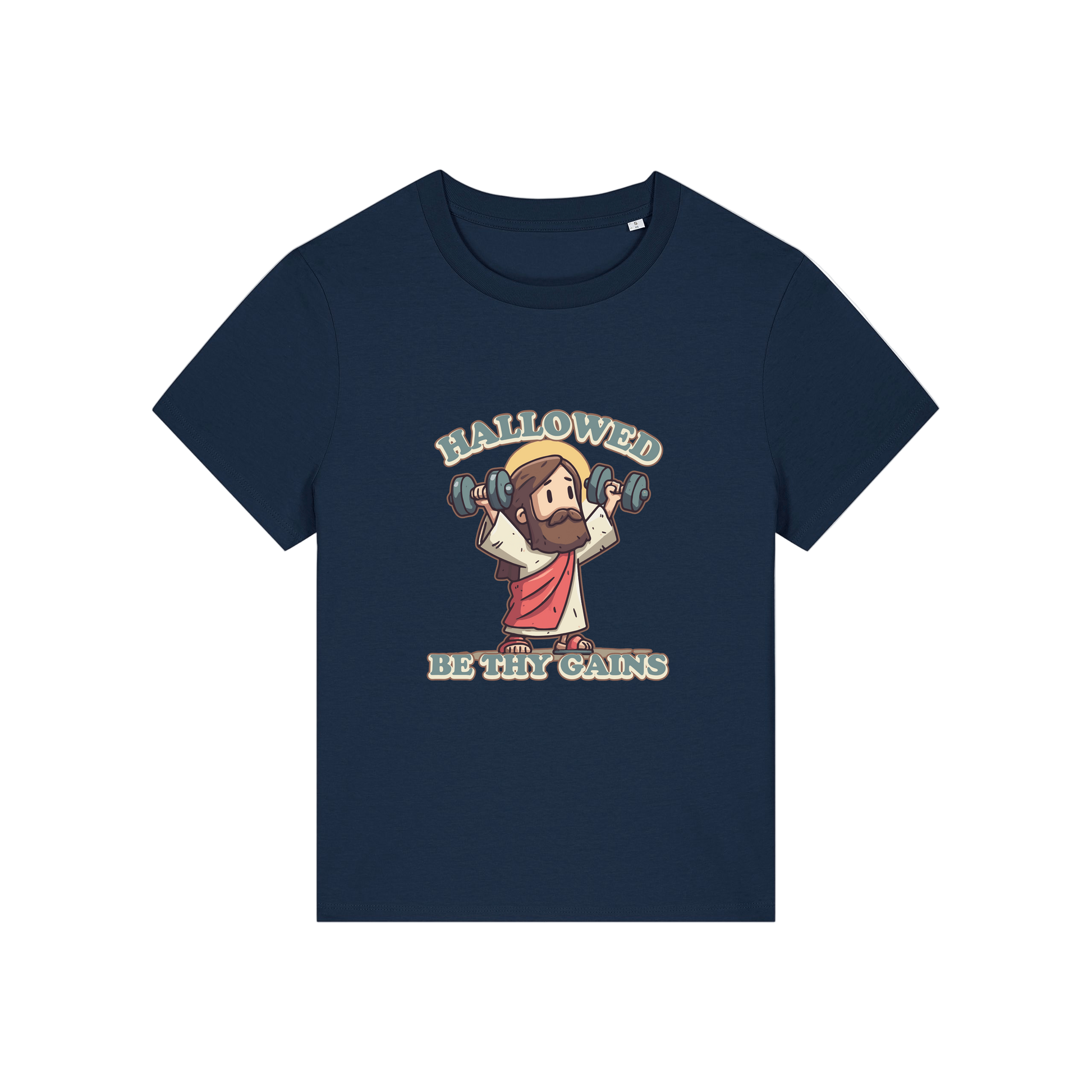 navy funny jesus t-shirt with the graphic of jesus lifting weights and the slogan 'hallowed be thy gains'