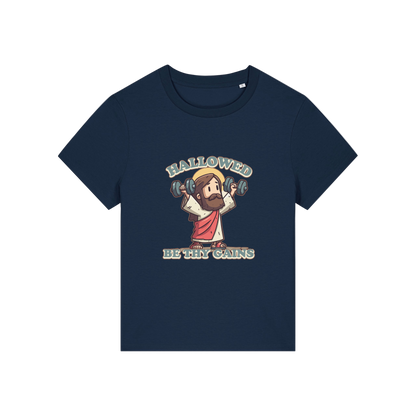 navy funny jesus t-shirt with the graphic of jesus lifting weights and the slogan 'hallowed be thy gains'