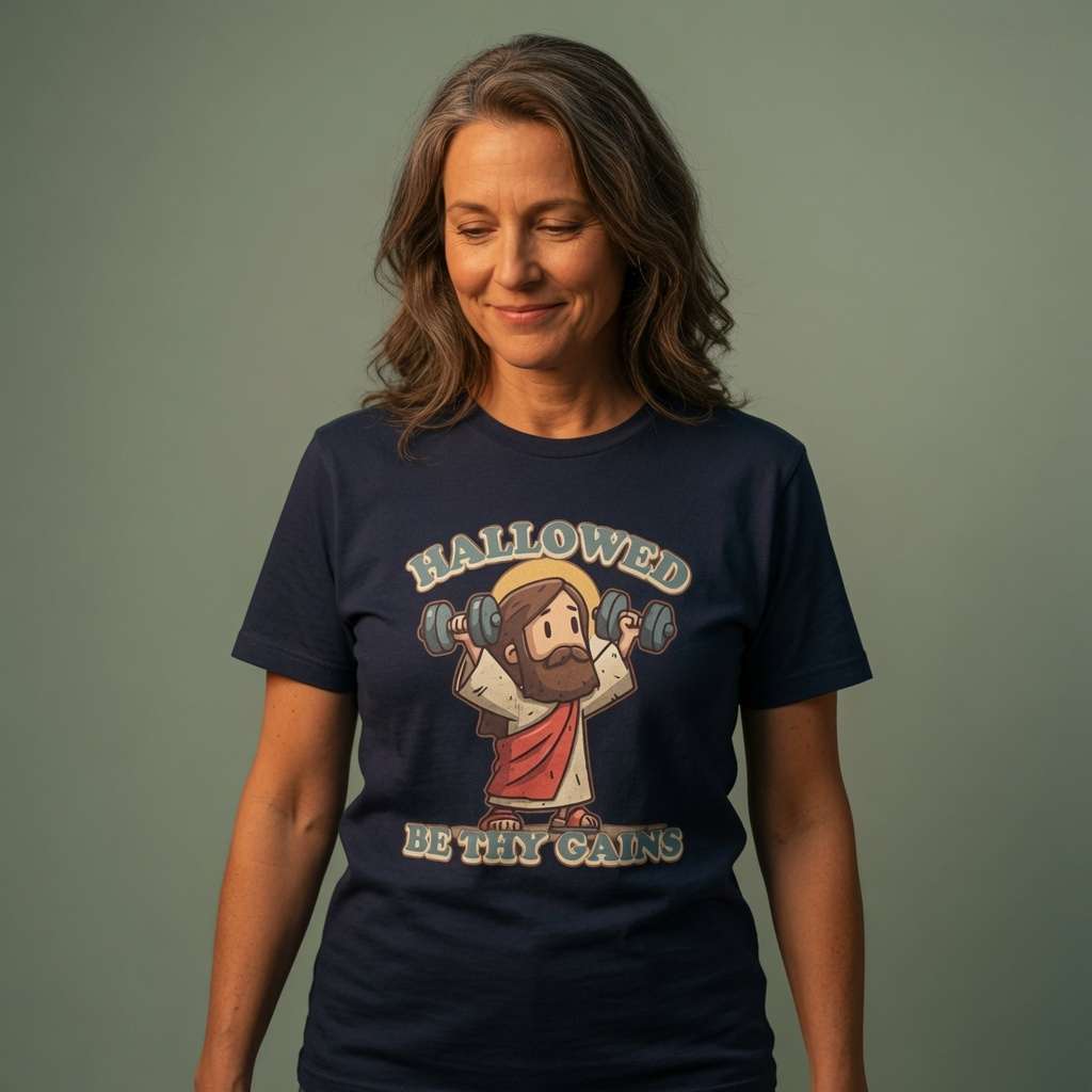 Woman smiling looking down in navy Hallowed Be Thy Gains t-shirt featuring cartoon Jesus lifting dumbbells, witty fitness Jesus graphic