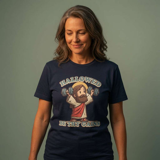 Woman smiling looking down in navy Hallowed Be Thy Gains t-shirt featuring cartoon Jesus lifting dumbbells, witty fitness Jesus graphic