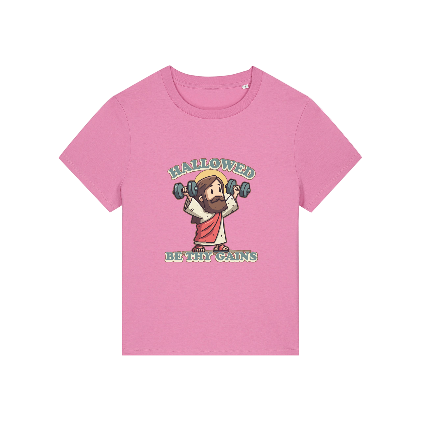 pink funny jesus t-shirt with the graphic of jesus lifting weights and the slogan 'hallowed be thy gains'