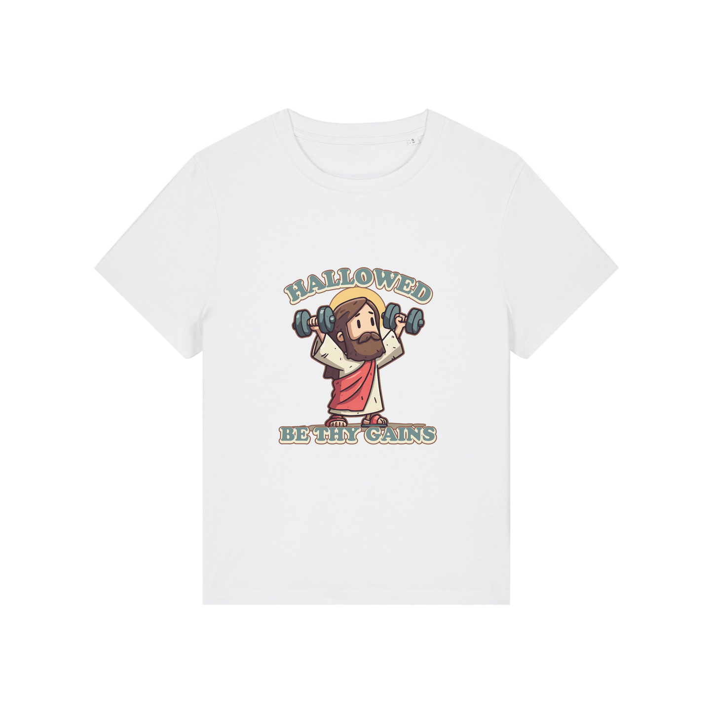 white funny jesus t-shirt with the graphic of jesus lifting weights and the slogan 'hallowed be thy gains'