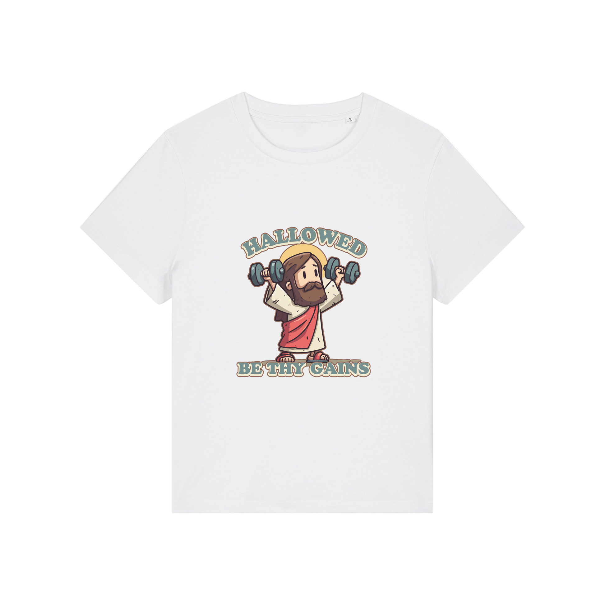 white funny jesus t-shirt with the graphic of jesus lifting weights and the slogan 'hallowed be thy gains'