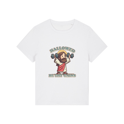 white funny jesus t-shirt with the graphic of jesus lifting weights and the slogan 'hallowed be thy gains'