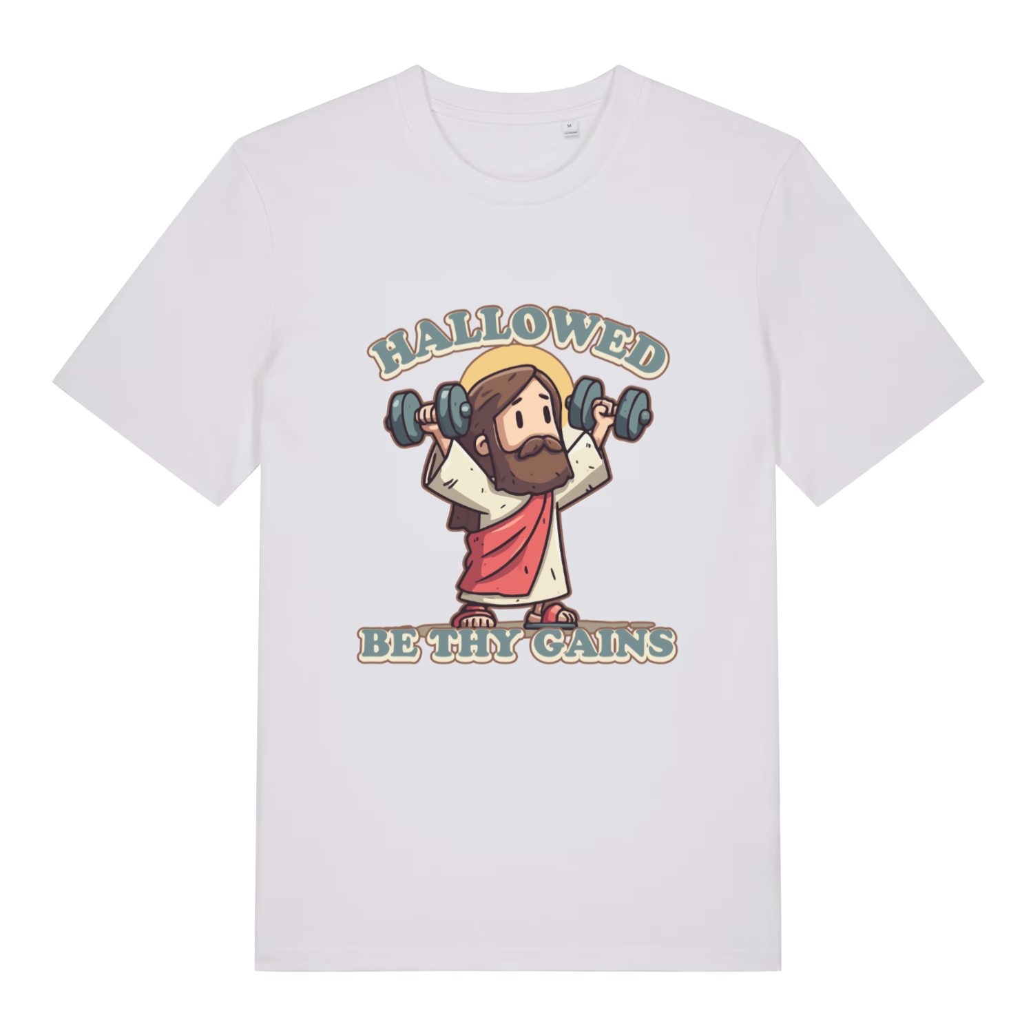 White women's Hallowed Be Thy Gains T-shirt flat lay with funny "hallowed be thy gains" Jesus graphic