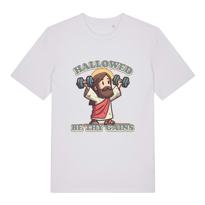 White women's Hallowed Be Thy Gains T-shirt flat lay with funny "hallowed be thy gains" Jesus graphic