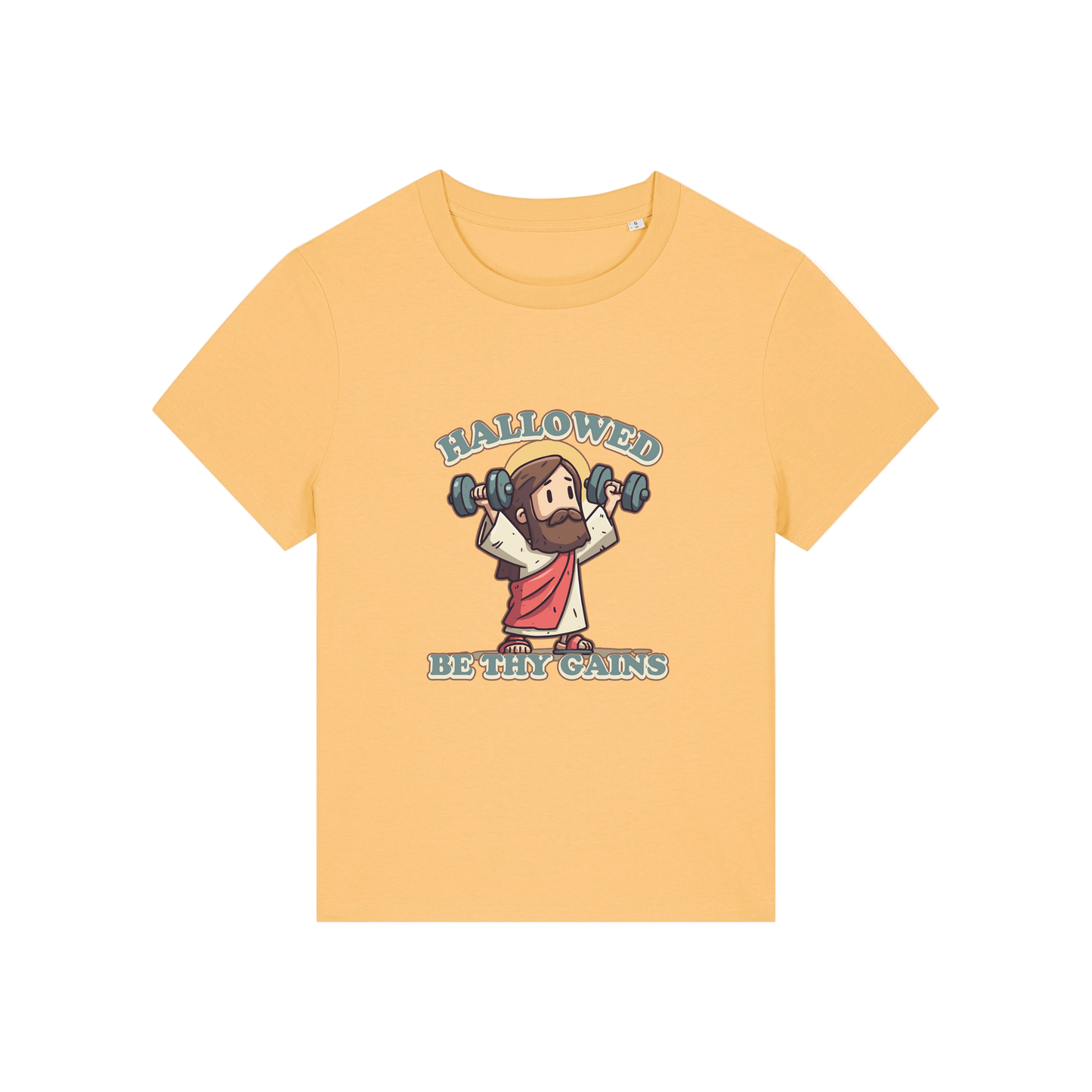 yellow funny jesus t-shirt with the graphic of jesus lifting weights and the slogan 'hallowed be thy gains'