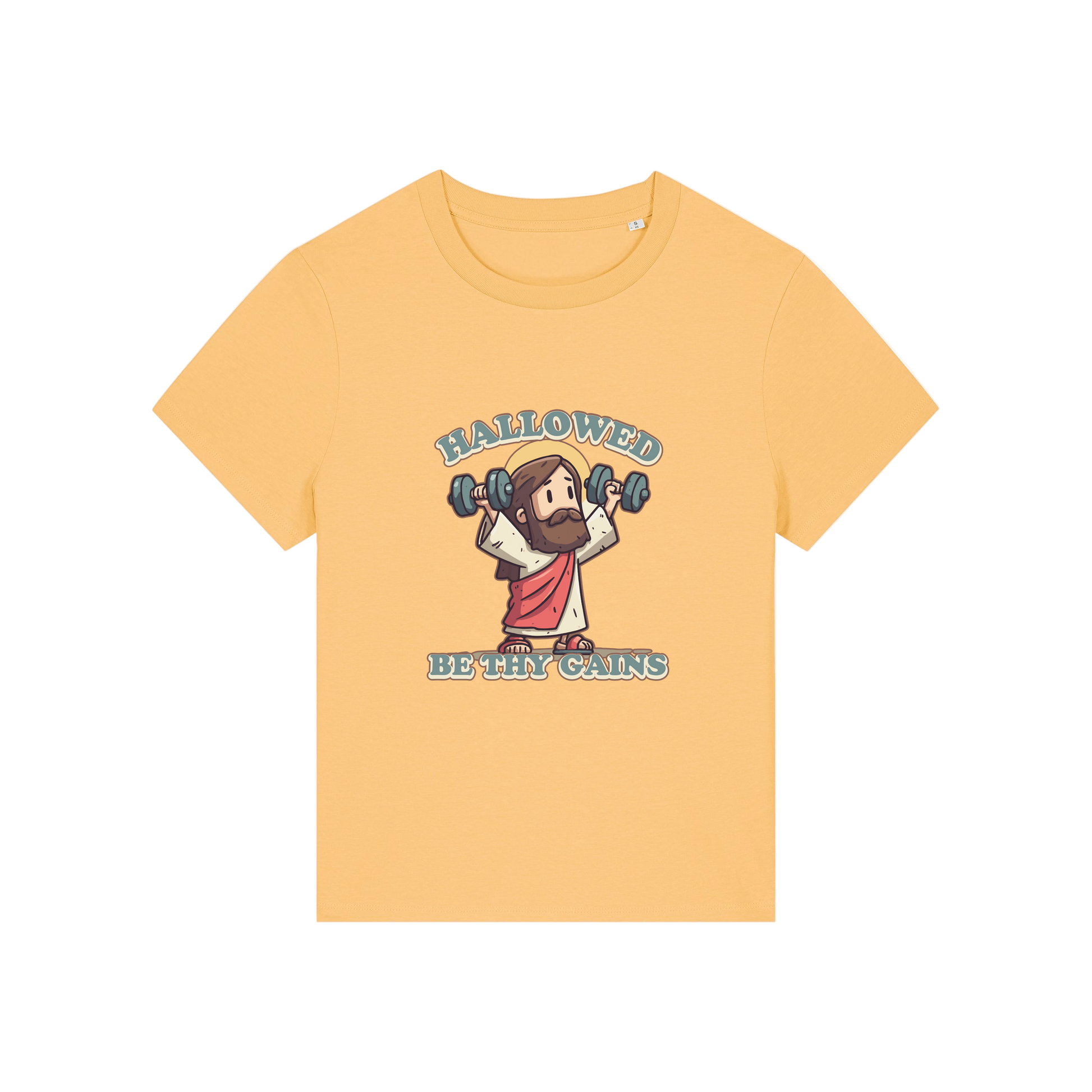 yellow funny jesus t-shirt with the graphic of jesus lifting weights and the slogan 'hallowed be thy gains'