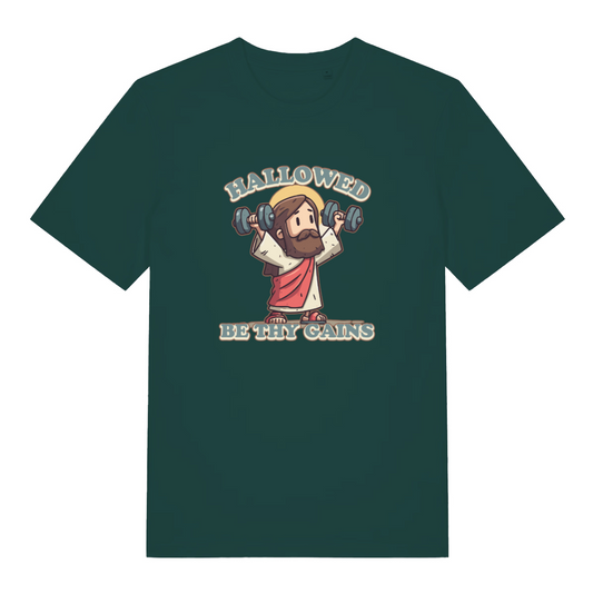 green funny jesus t-shirt with the graphic of jesus lifting weights and the slogan 'hallowed be thy gains'